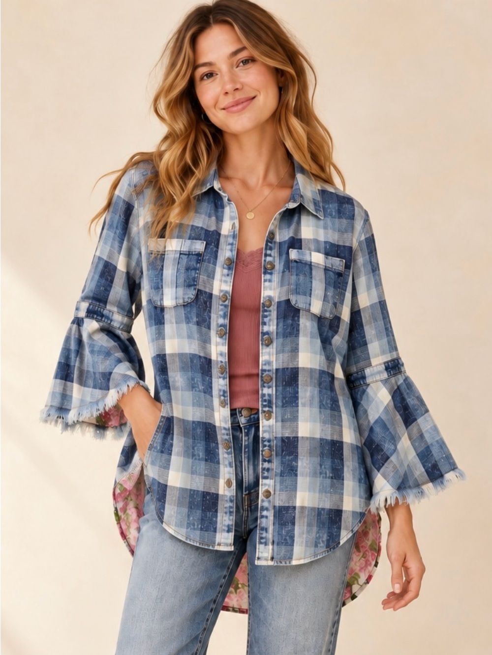 Aratta Silent Journey Plaid Floral Back Bell Sleeve Button Up Top sz L, EUC